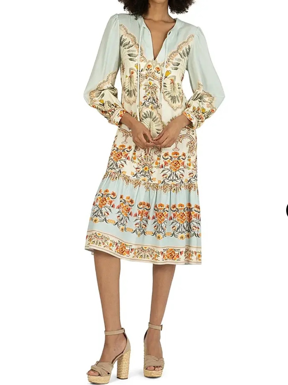 Linen blend Dress Blue Green Long Sleeve Floral Midi Boho Classic Fairy-core